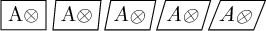 文字Aと記号\otimesを、0％、10％、20％、30％、40％の傾き変形を施して出力する。