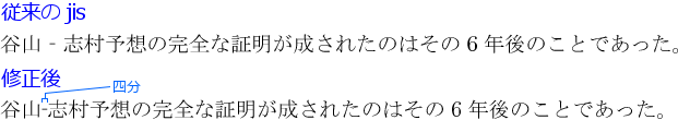谷山‐志村予想の完全な証明が成されたのはその6年後のことであった。
従来のjisではハイフンが全角幅、修正後は四分幅。